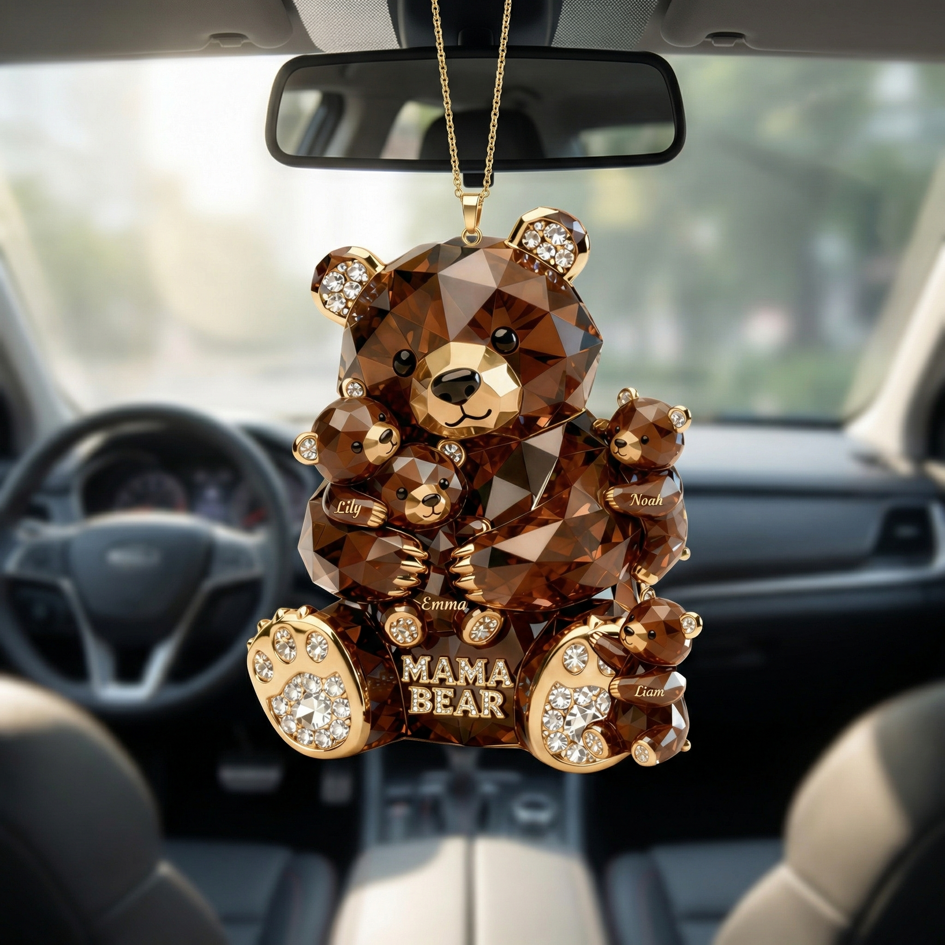 Custom Mama Bear with Cubs Car Hanger – Personalized Family Name Rearview Mirror Charm Gift For Mom