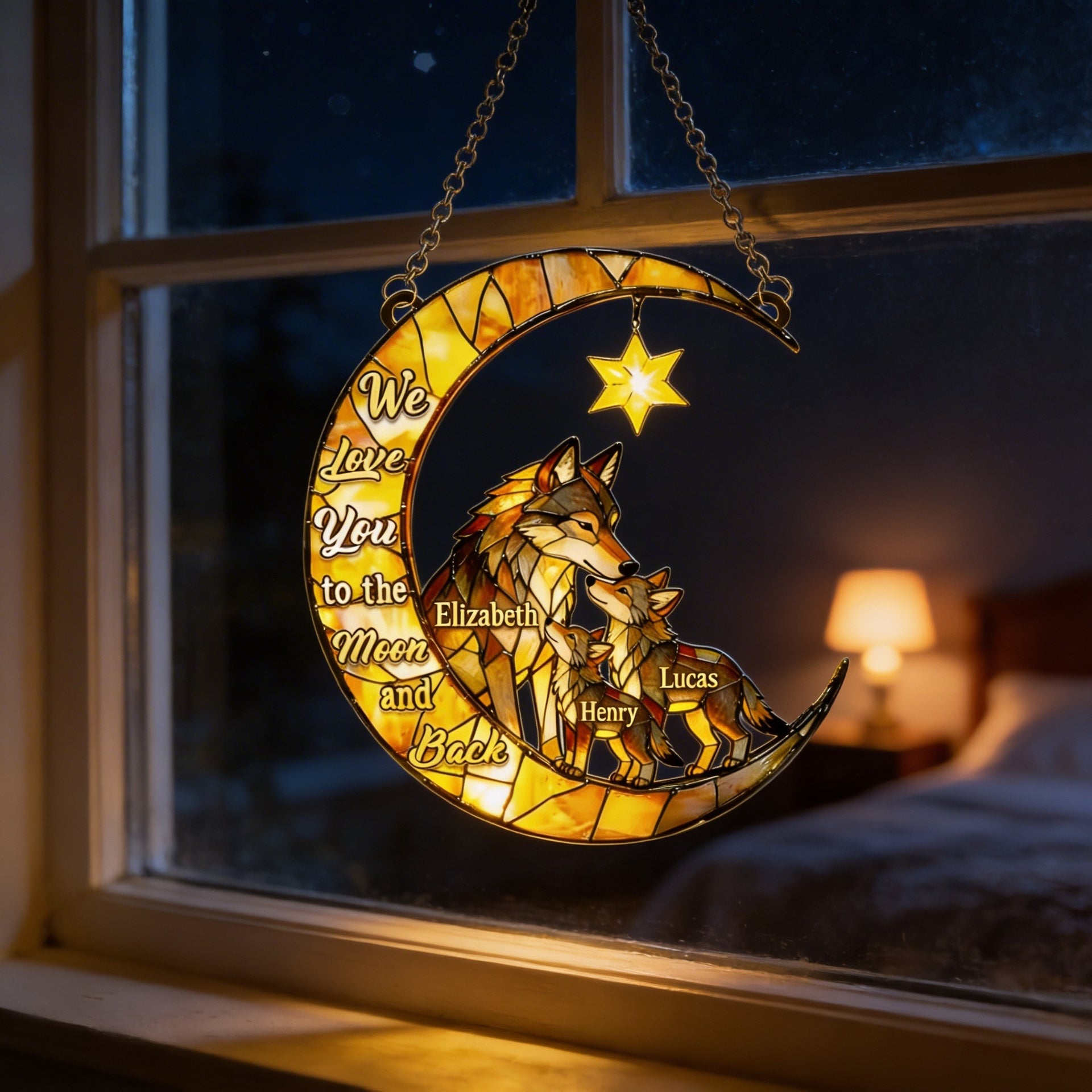 Custom Wolf Family Suncatcher – Personalized Stained Glass Moon Window Hanging – We Love You To The Moon And Back Gift For Mom