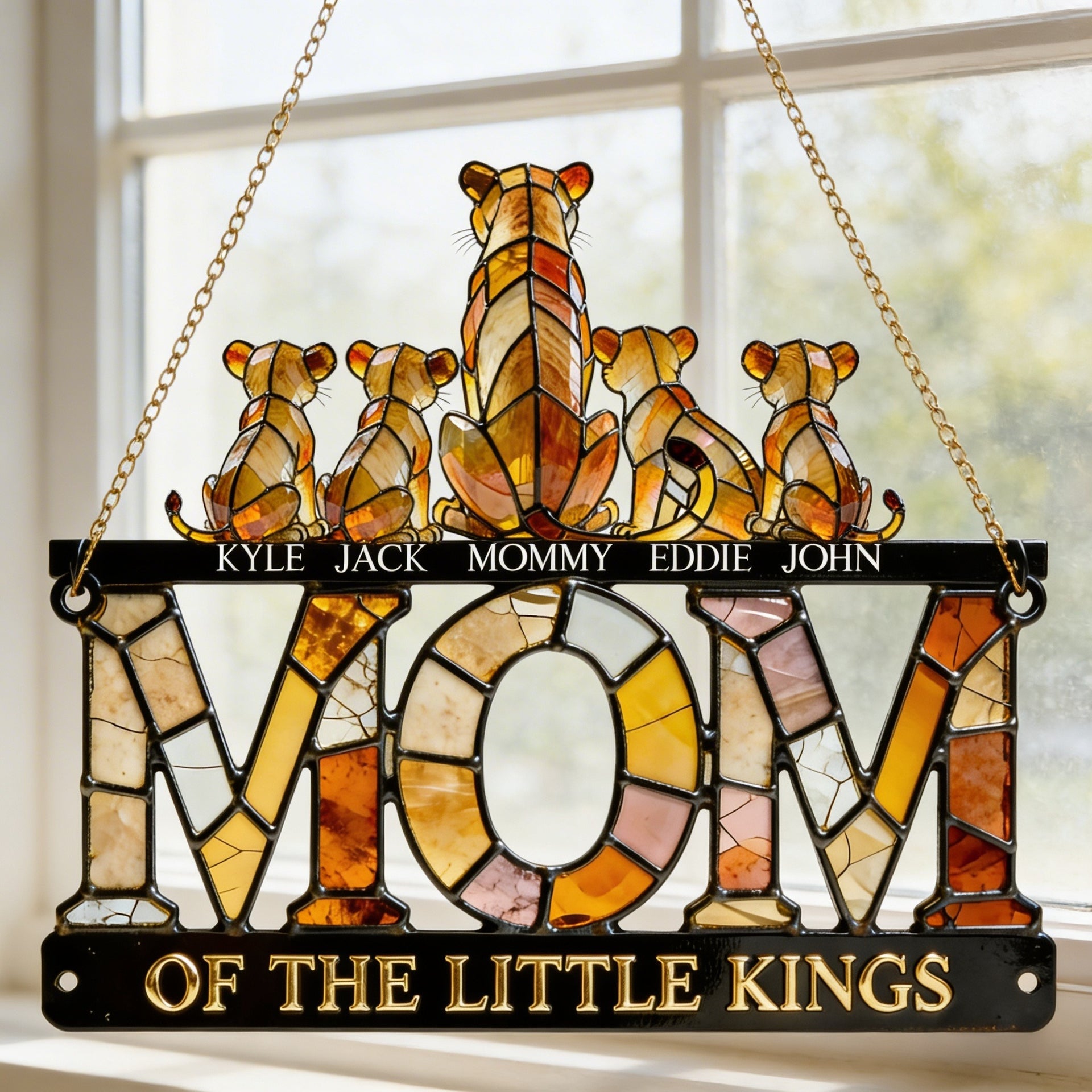 Custom Lion Family Suncatcher – Personalized Mom Of The Little Kings Stained Glass Window Hanging – Gift For Mom From Kids