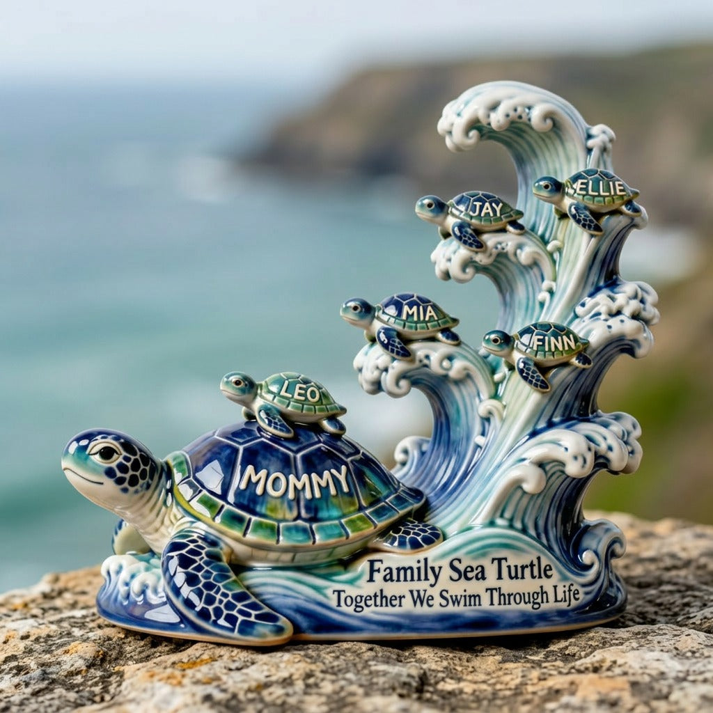 Custom Sea Turtle Family Plaque – Personalized Mom And Kids Name Sign – Together We Swim Through Life Gift For Mom
