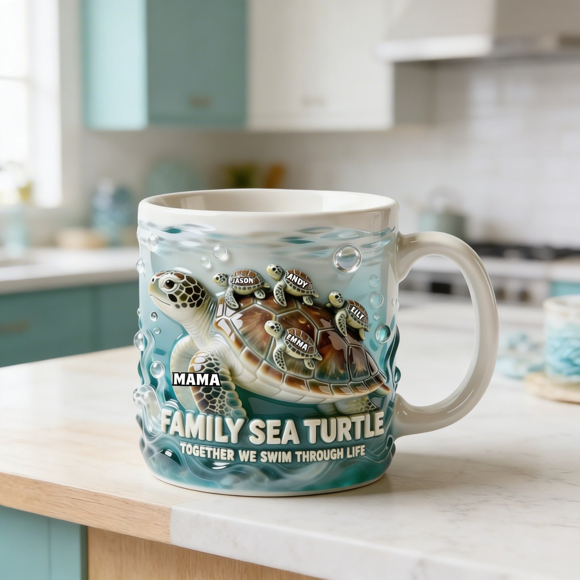 Family Sea Turtle Mug – Personalized Mom And Kids Coffee Cup – Together We Swim Through Life Gift