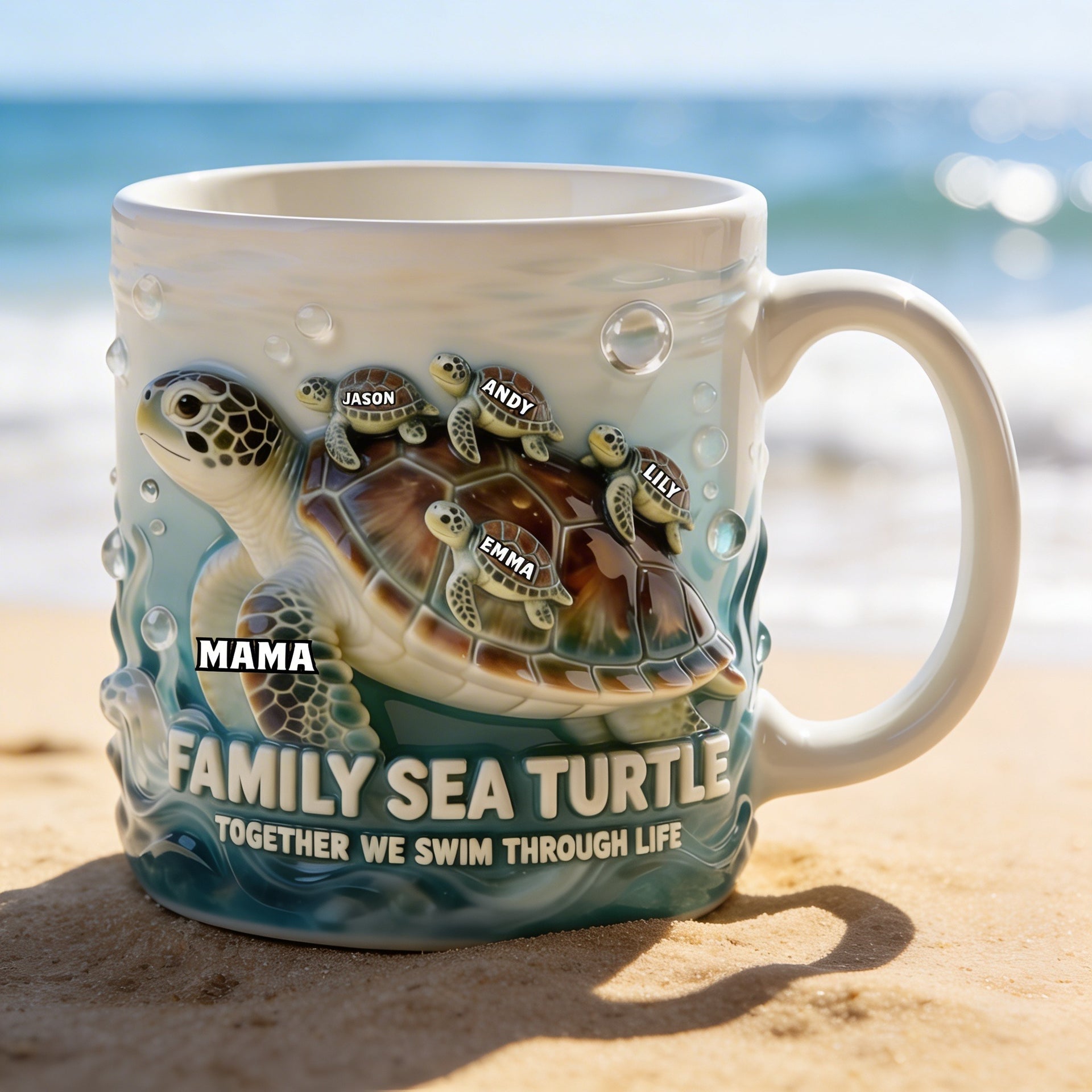 Family Sea Turtle Mug – Personalized Mom And Kids Coffee Cup – Together We Swim Through Life Gift