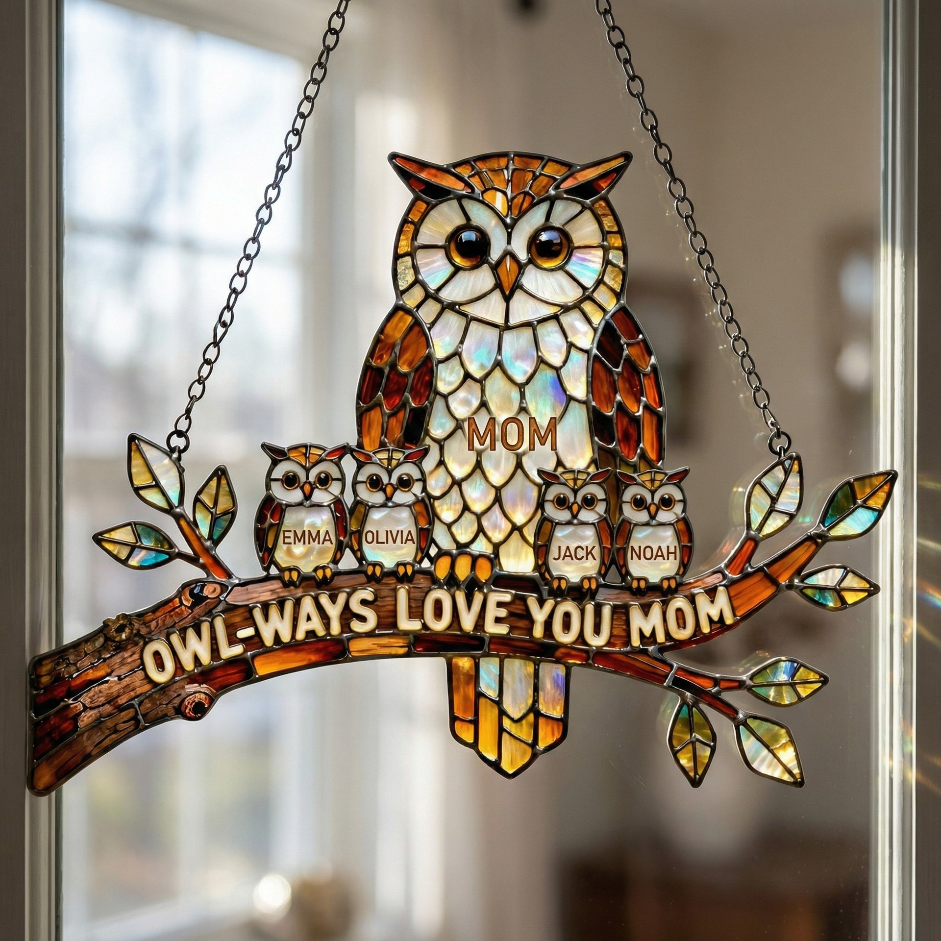 Personalized Mom Owl Sun Catcher with Kids Names – Family Window Hanging Gift For Mom