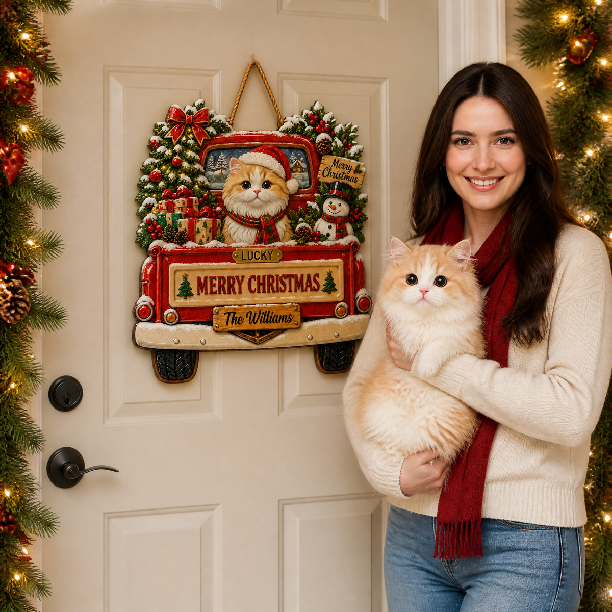 Custom Pet Photo Name Christmas Door Hanger, Personalized Holiday Dog and Cat Door Decor, Gift for Pet Lovers hn04092026