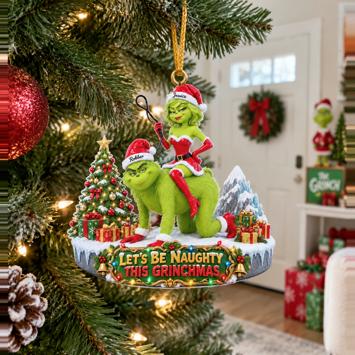 Funny Christmas Couple Ornament With Custom Names, Naughty Holiday Character Decoration, Personalized Xmas Gift for Couples and Fantasy Fans hn19102026tp