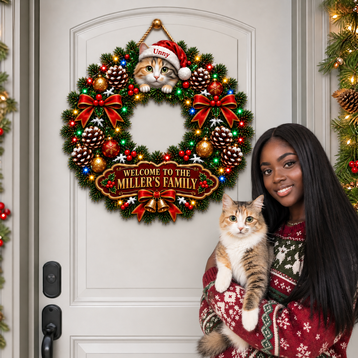 Custom Cat Christmas Door Hanger With Photo and Name, Personalized Holiday Wreath Decor, Gift for Cat Lovers and Pet Parents hn23092026