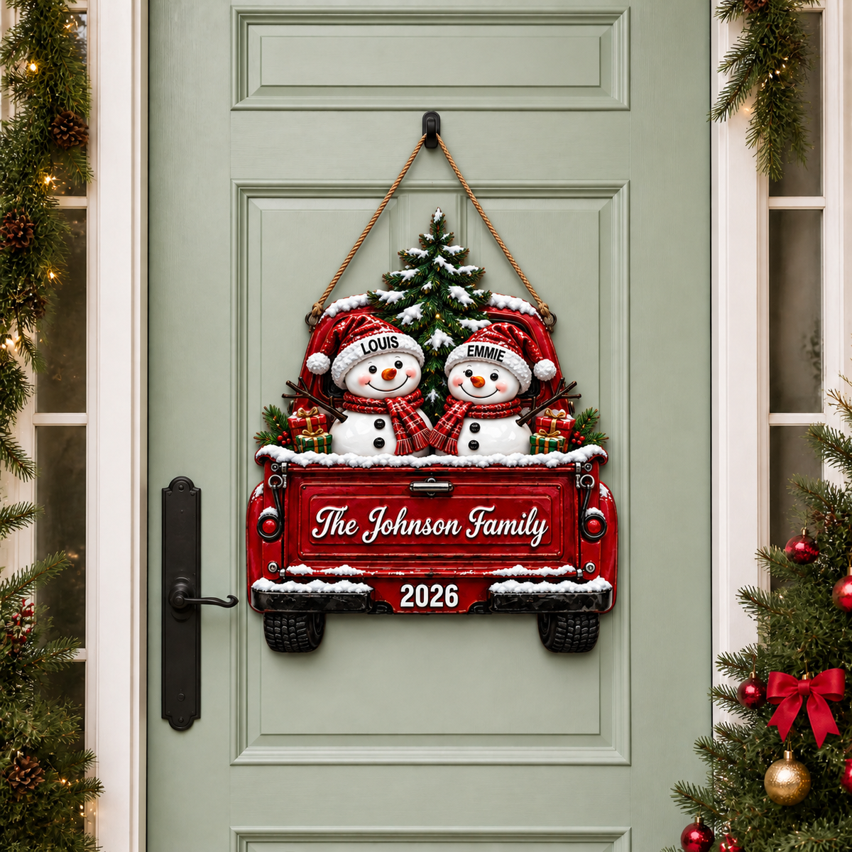 Custom Christmas Snowman Family Door Hanger With Names, Personalized Holiday Door Decor, Gift for Families hn17092026
