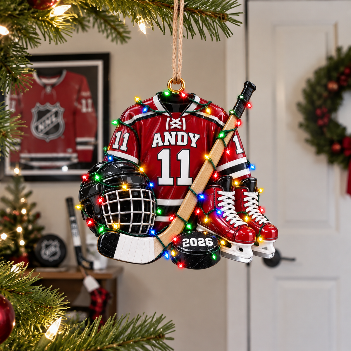 Custom Hockey Jersey Christmas Ornament With Name and Number, Personalized Hockey Gear Tree Decoration, Unique Holiday Gift for Hockey Fans hn20102026