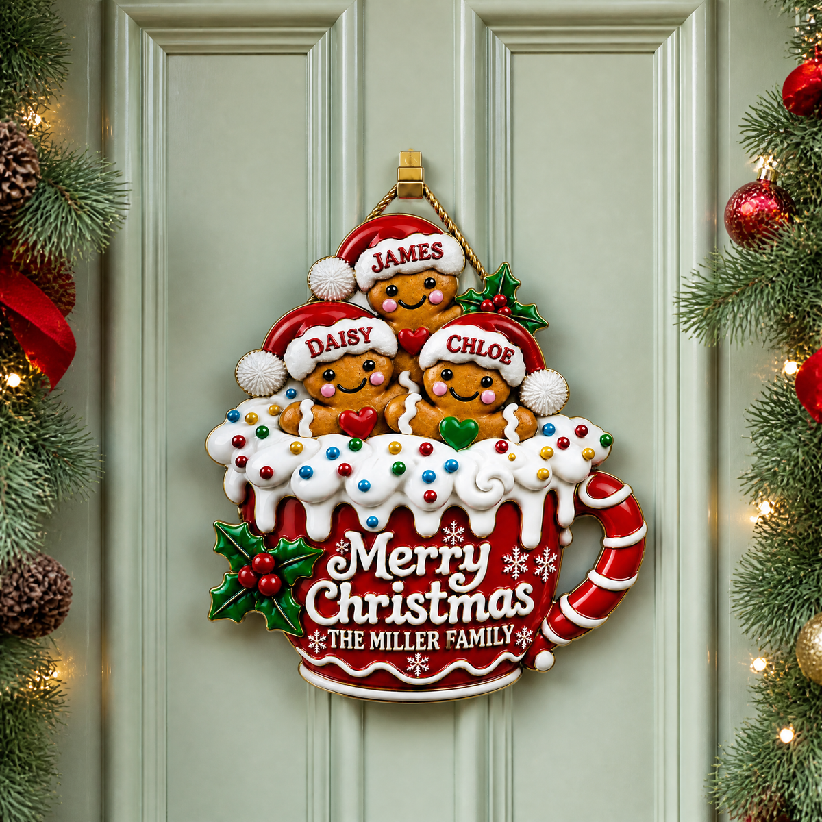 Custom Christmas Coffee Cup Door Hanger With Family Names, Personalized Holiday Door Decor, Gift for Families hn17092026