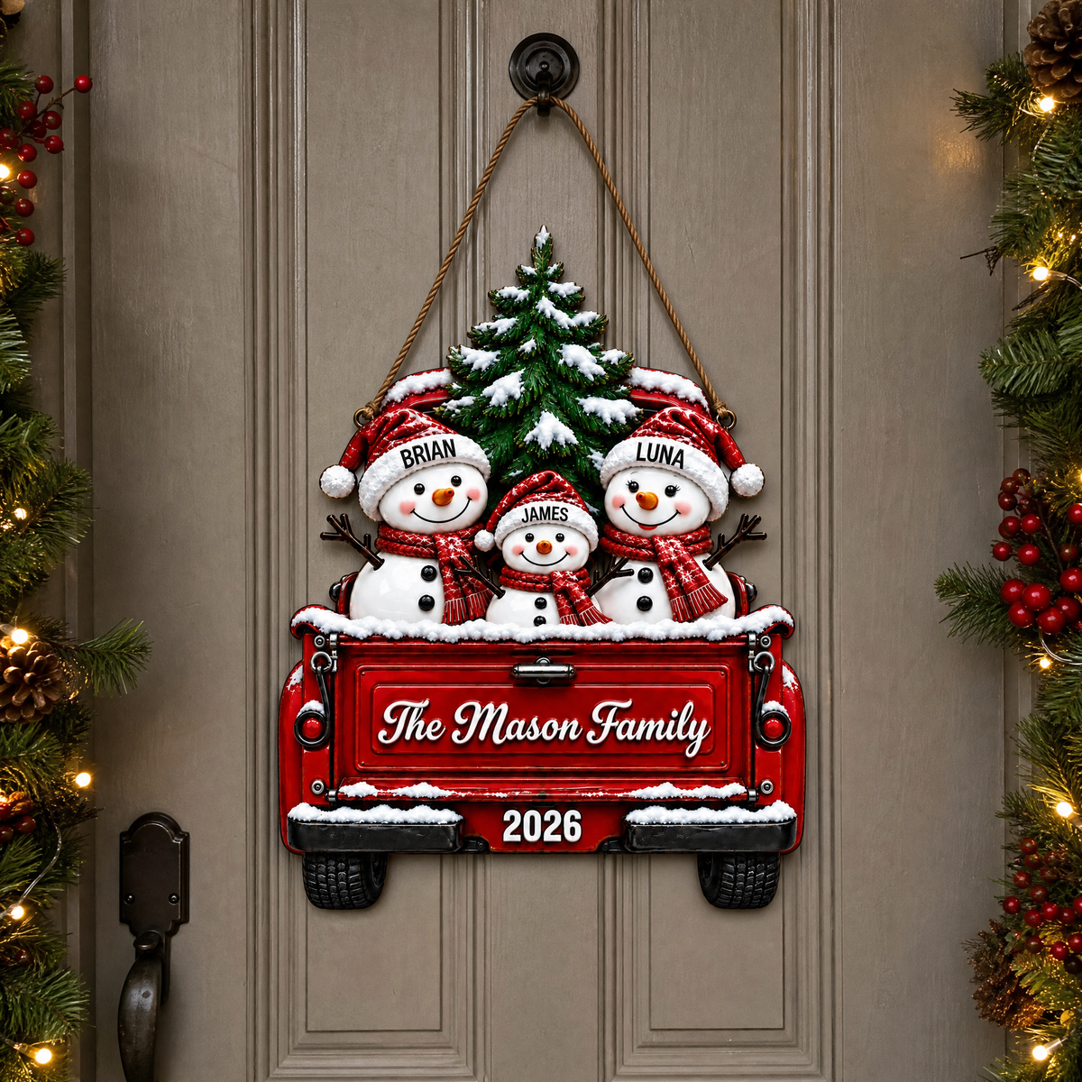 Custom Christmas Snowman Family Door Hanger With Names, Personalized Holiday Door Decor, Gift for Families hn17092026