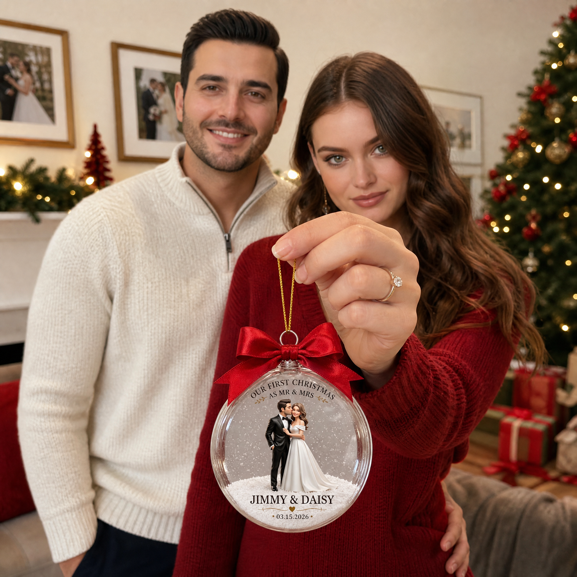 Custom Photo Name Wedding Christmas Ornament, Personalized Couple Tree Decoration, Gift for Newlyweds and Couples hn28082026