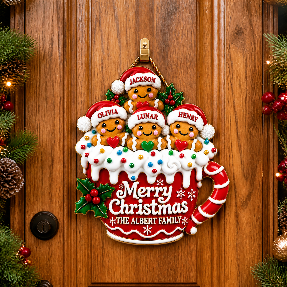 Custom Christmas Coffee Cup Door Hanger With Family Names, Personalized Holiday Door Decor, Gift for Families hn17092026