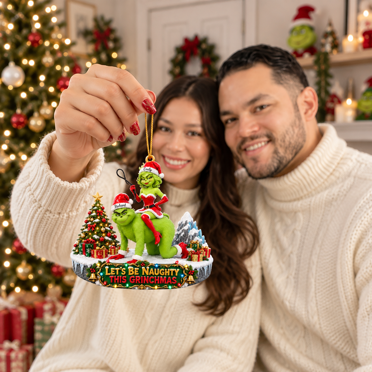Funny Christmas Couple Ornament With Custom Names, Naughty Holiday Character Decoration, Personalized Xmas Gift for Couples and Fantasy Fans hn19102026tp