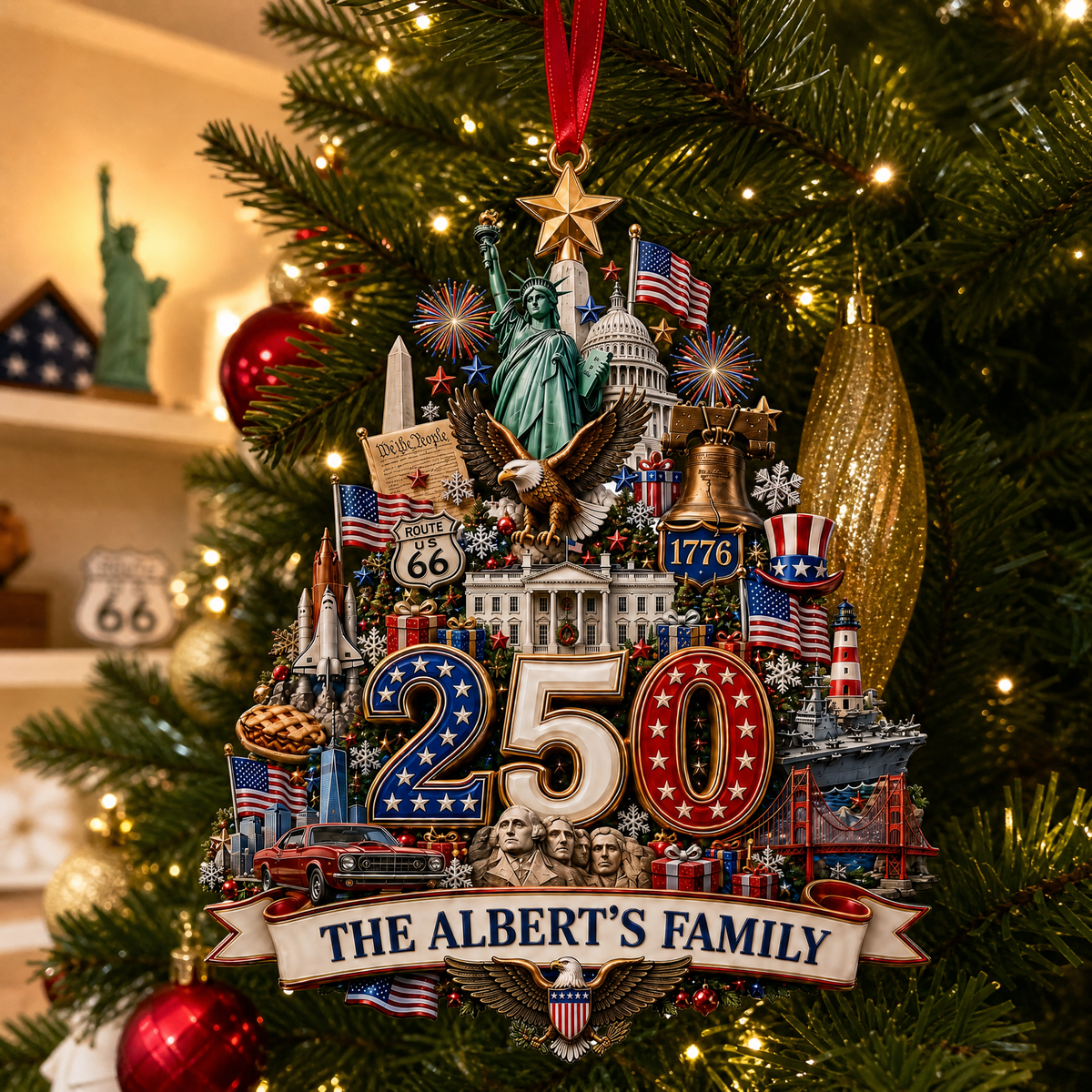 Custom Family Name American Christmas Ornament, Personalized Patriotic Tree Decoration, Gift for Patriots and American Families hn29082026