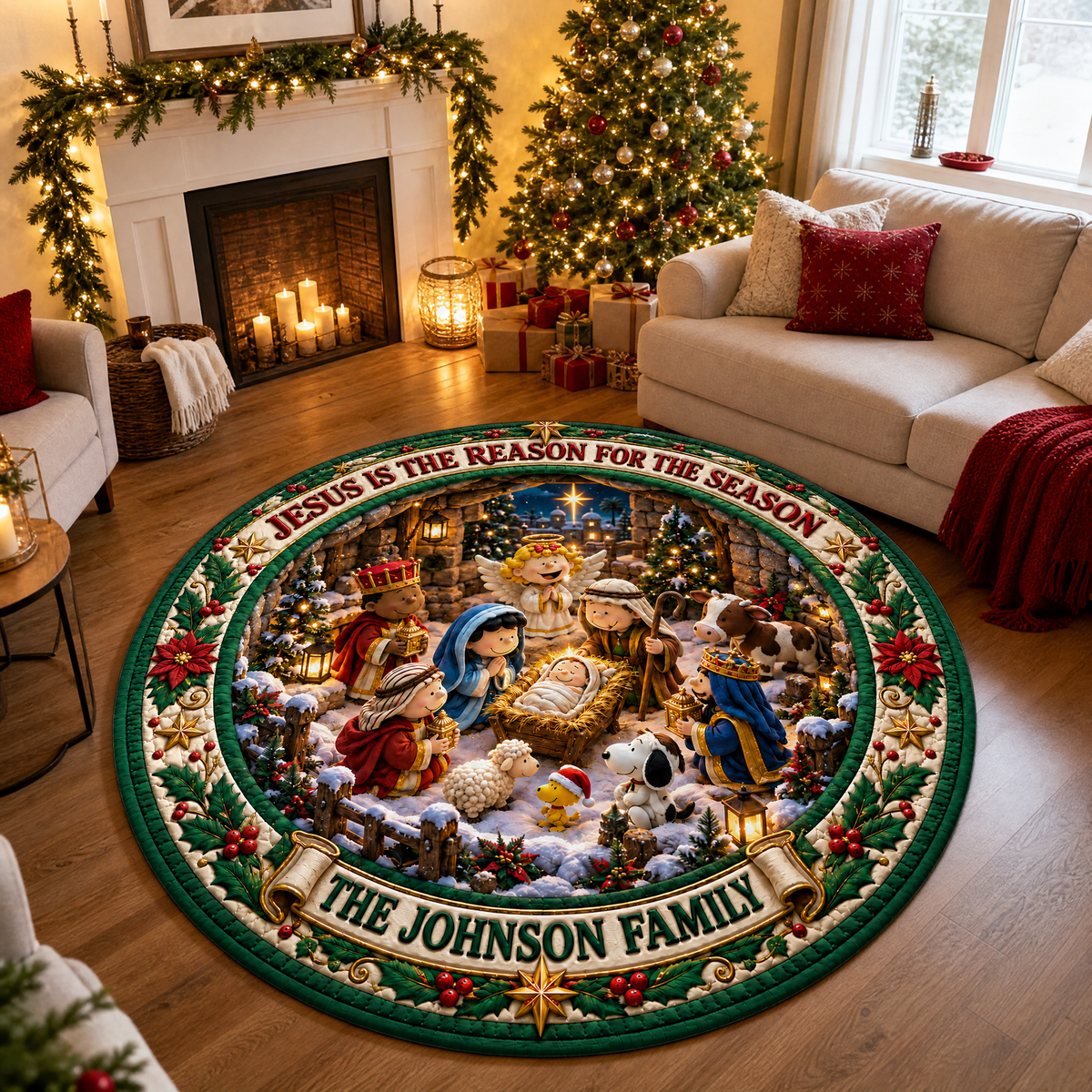 Custom Christmas Nativity Rug With Family Name, Personalized Holiday Floor Decor, Gift for Families and Faithful Homes hn1809026