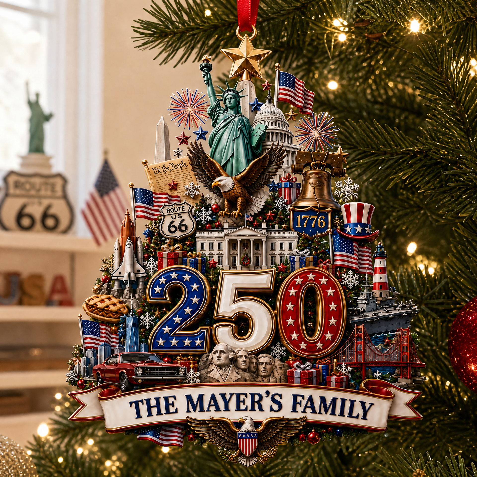 Custom Family Name American Christmas Ornament, Personalized Patriotic Tree Decoration, Gift for Patriots and American Families hn29082026