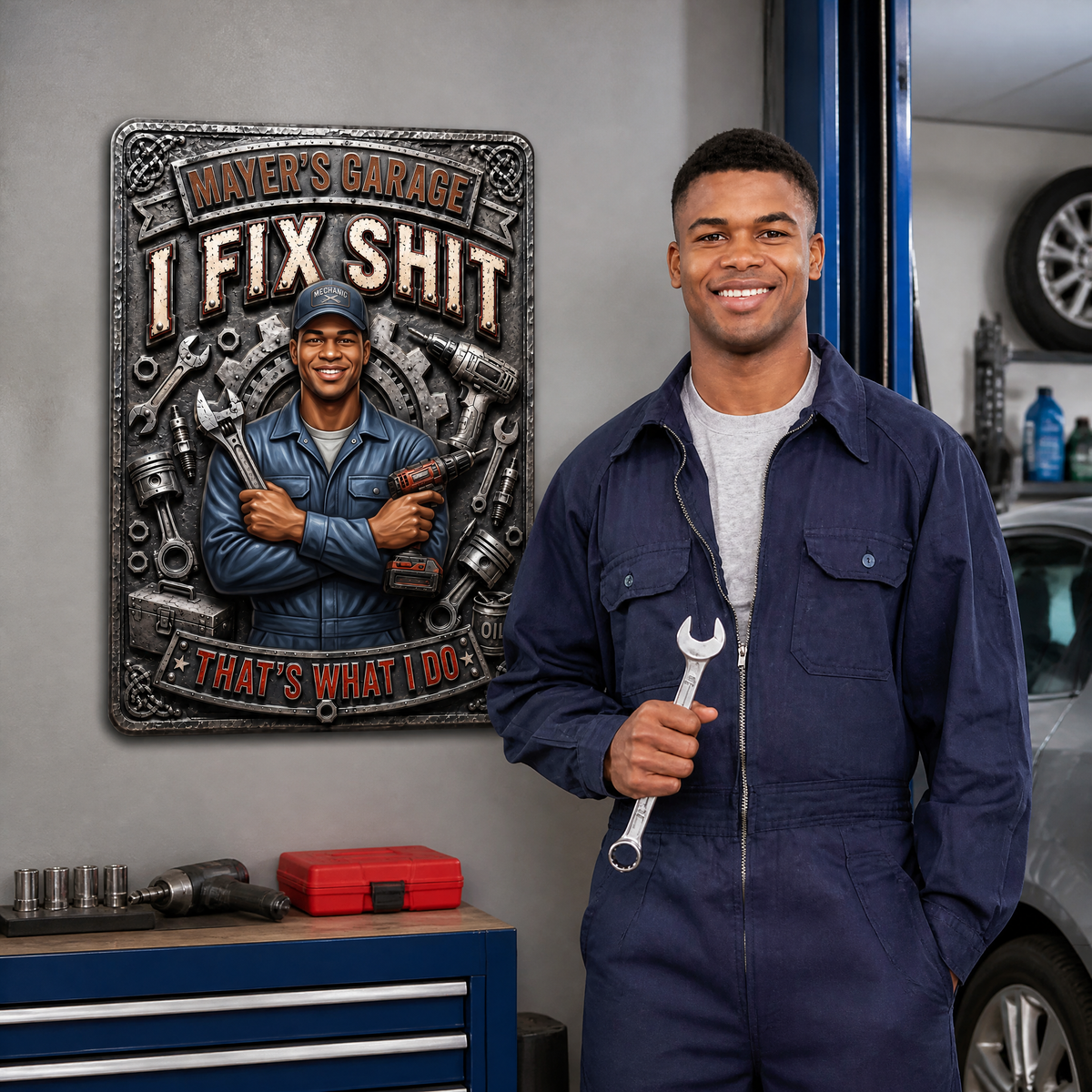 Custom Photo Name Garage Metal Sign, Personalized Mechanic Wall Decor, Gift for Mechanics and Car Lovers hn03092026
