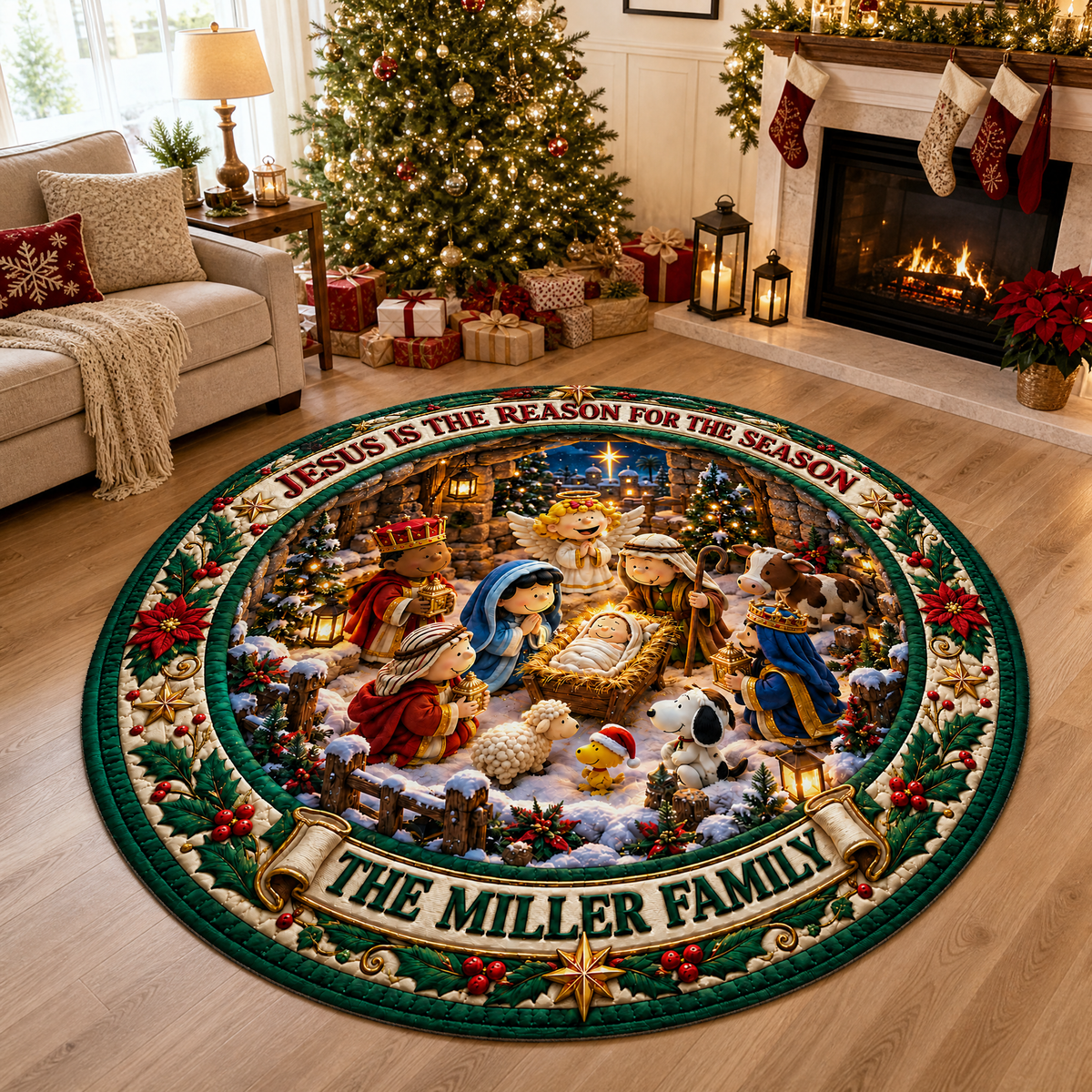 Custom Christmas Nativity Rug With Family Name, Personalized Holiday Floor Decor, Gift for Families and Faithful Homes hn1809026