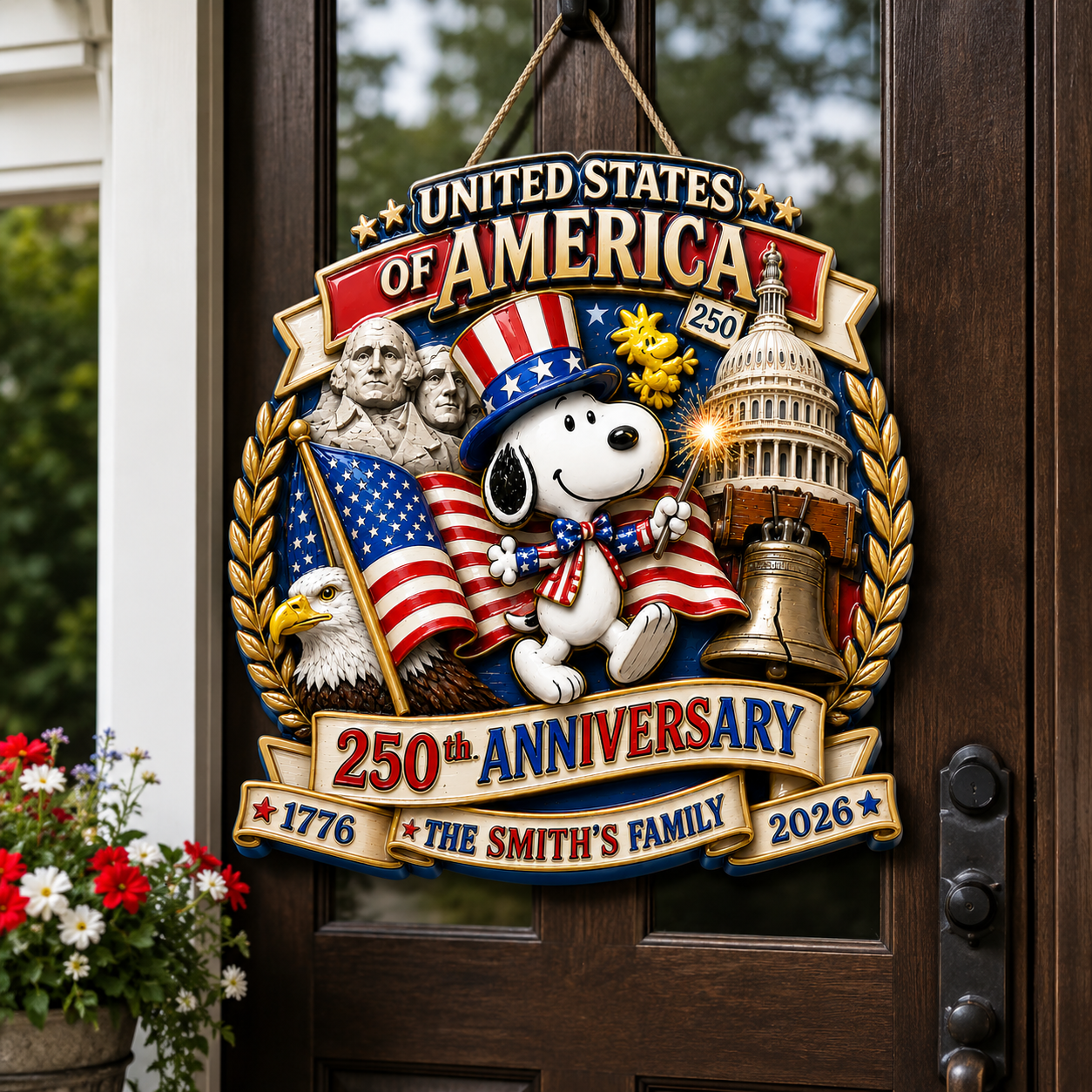 Custom Name Family Door Sign, 250th Anniversary USA Decor, Patriotic 4th Of July Wreath Sign, Personalized Family Door Hanger, Independence Day Front Door Decor