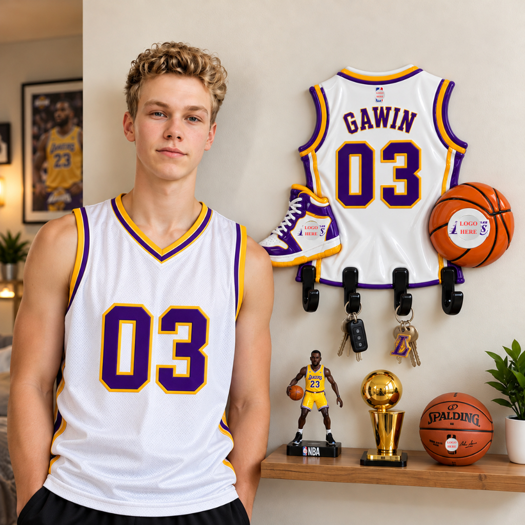 Personalized Basketball Jersey Key Holder With Custom Name and Number, Wall Mounted Key Rack, Sports Room Decor, Gift for Basketball Fans hn29102026tp
