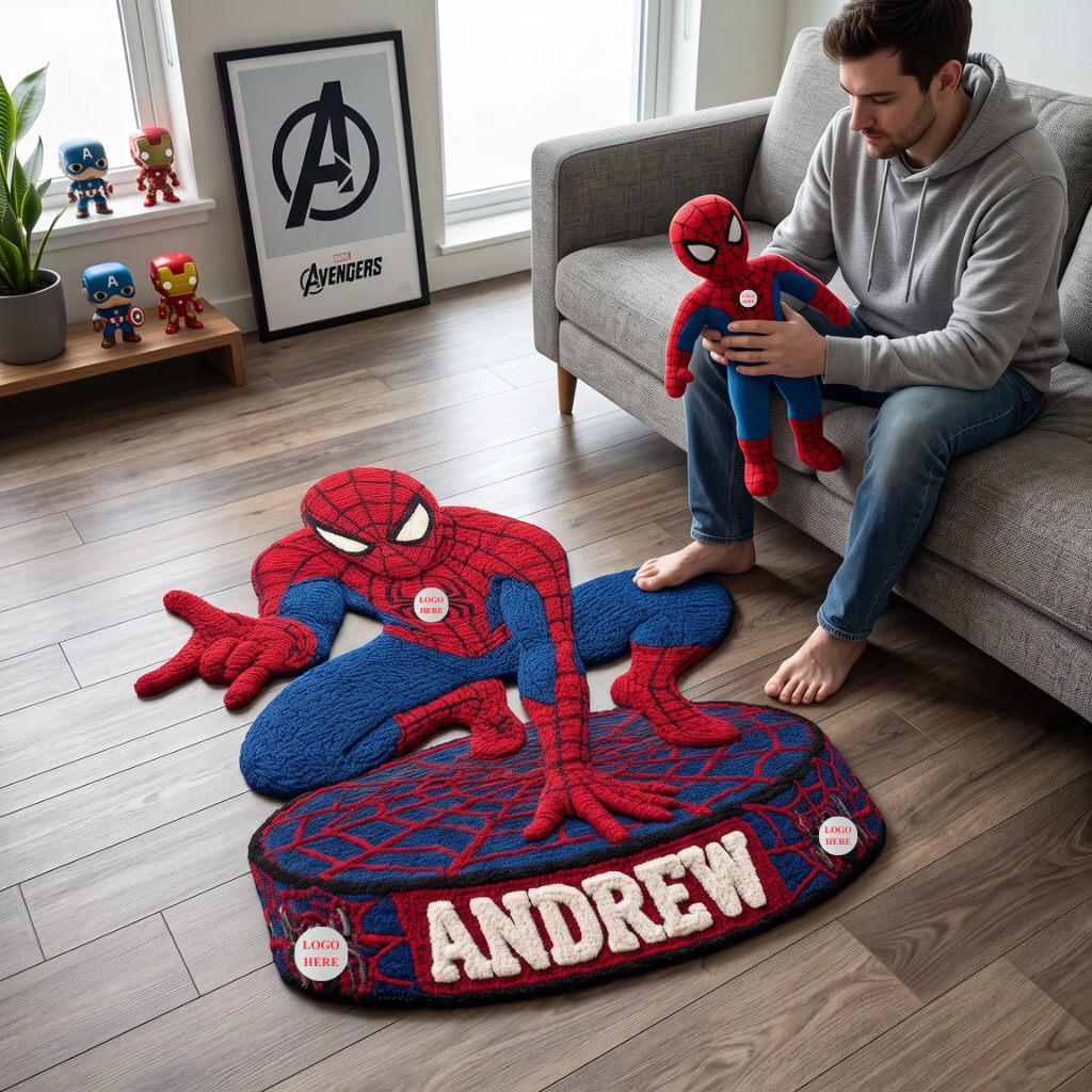 Custom Superhero Tufted Rug With Name, Red and Blue Web Hero Floor Decor, Personalized Character Rug, Unique Gift for Superhero Fans hn21102026