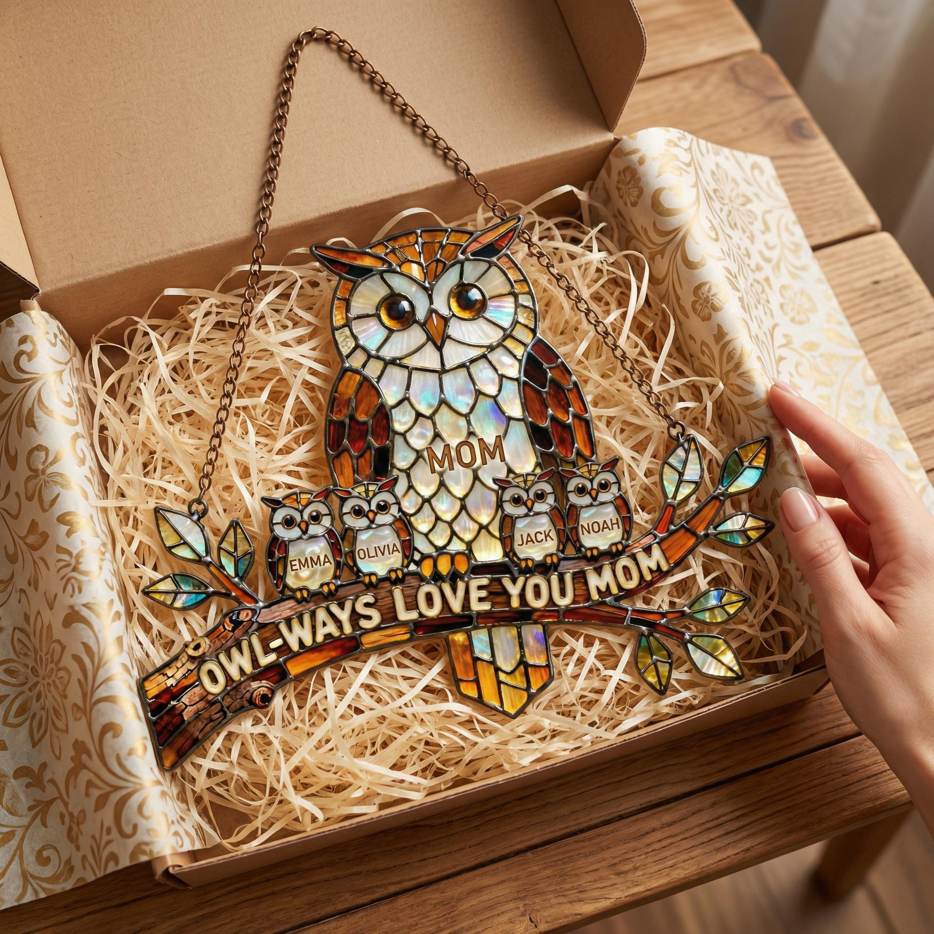 Personalized Mom Owl Sun Catcher with Kids Names – Family Window Hanging Gift For Mom