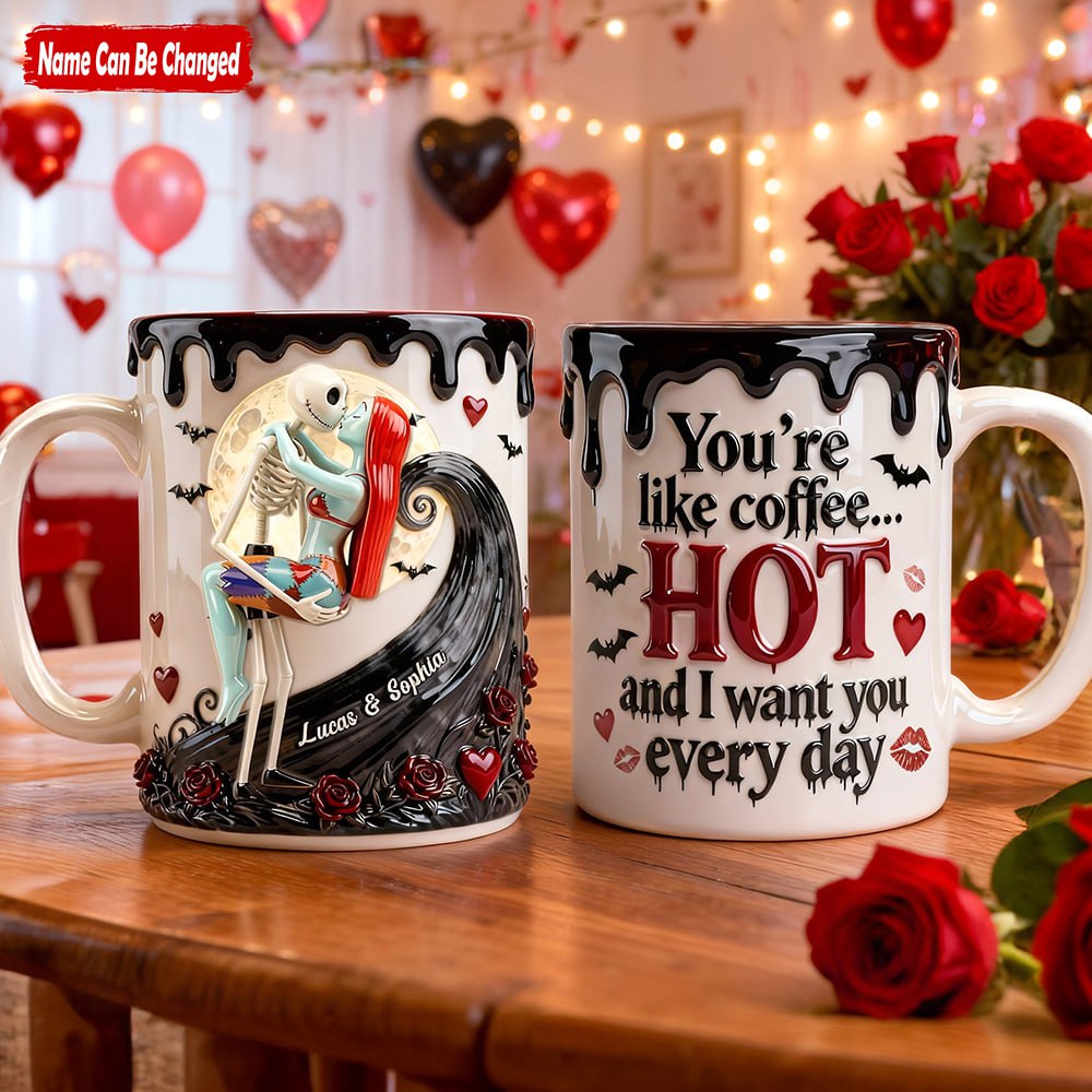 Personalized Gothic Love Coffee Mug, Custom 3D Couple Mug With Names — A Spooky Romantic Keepsake