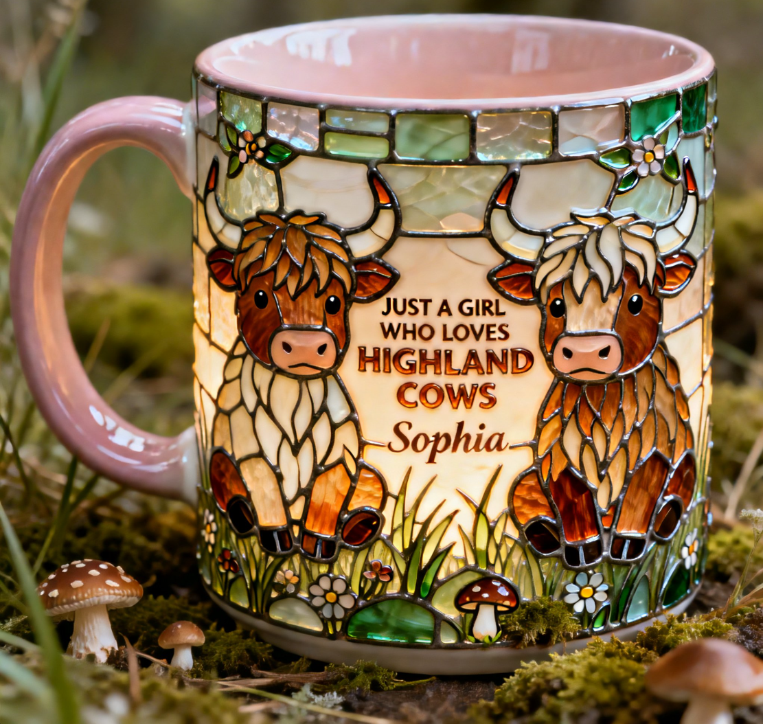 Personalized Highland Cow Mug with Name – Stained Glass Style Ceramic Coffee Cup Gift