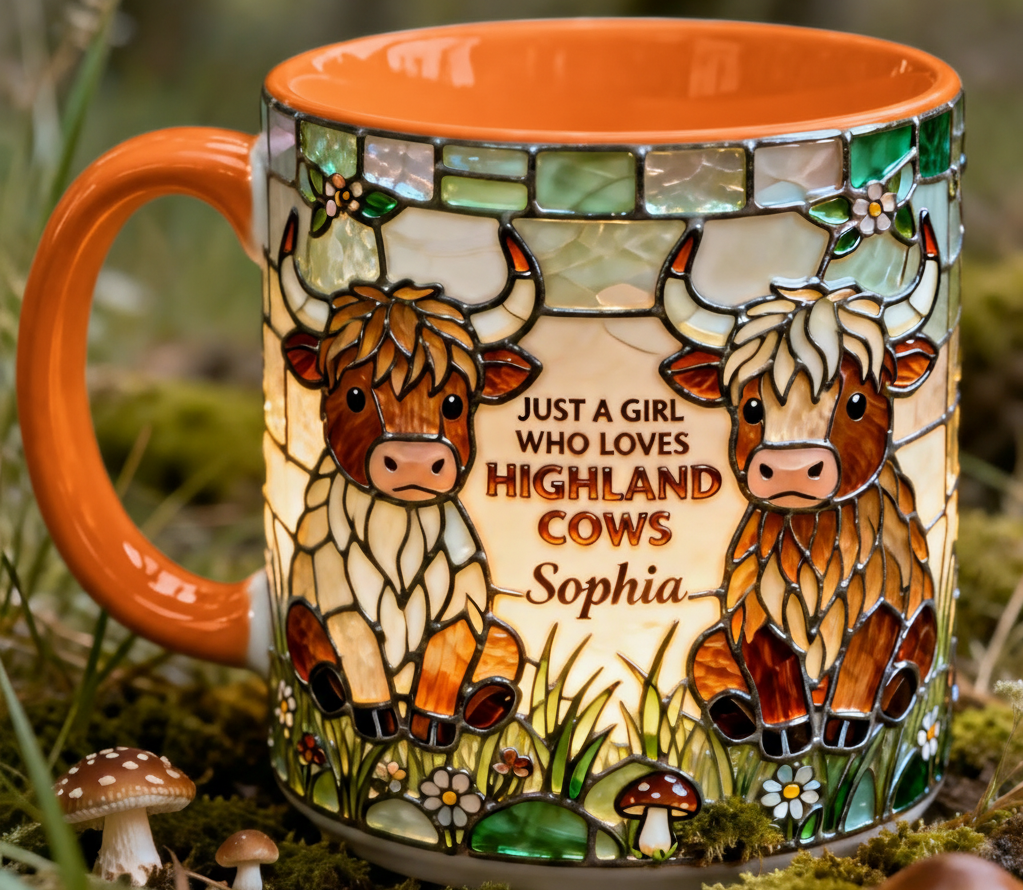 Personalized Highland Cow Mug with Name – Stained Glass Style Ceramic Coffee Cup Gift