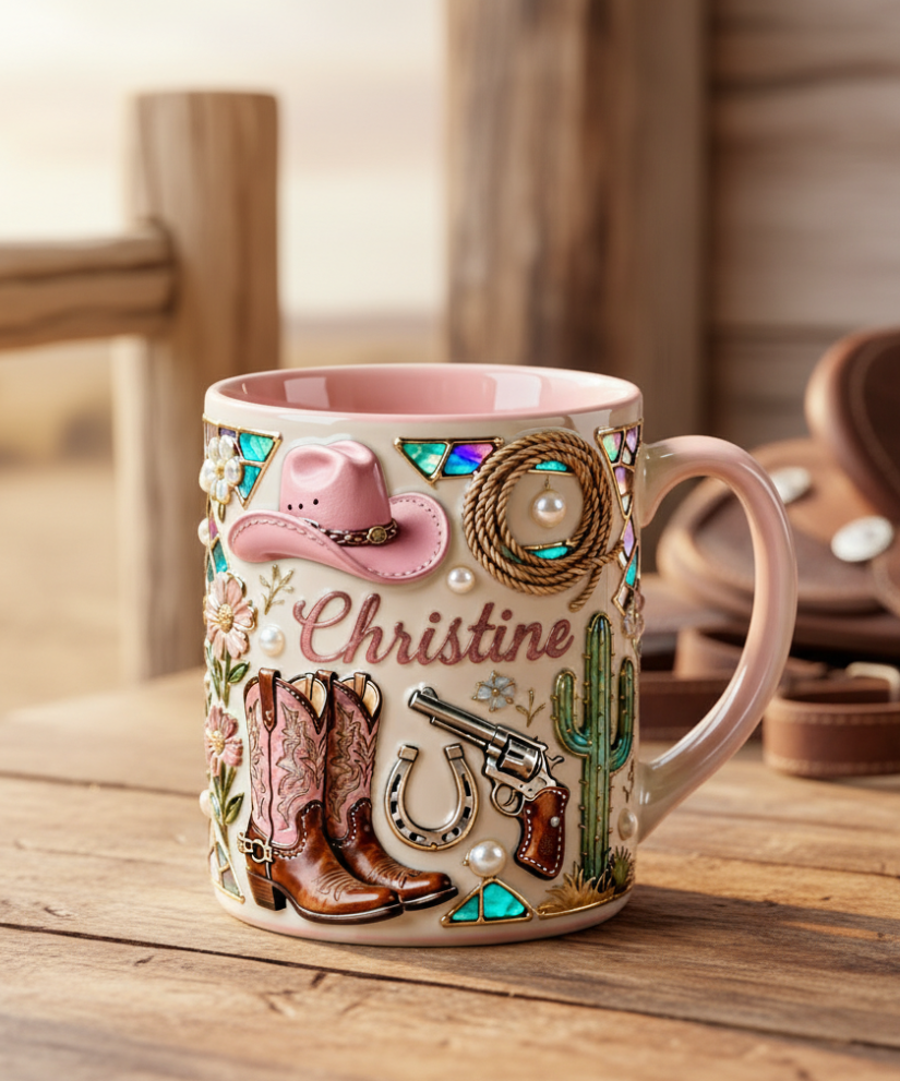 Personalized Cowgirl Mug with Name – Western Cowboy Coffee Mug, Stained Glass Style Gift