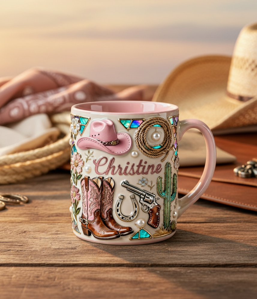 Personalized Cowgirl Mug with Name – Western Cowboy Coffee Mug, Stained Glass Style Gift