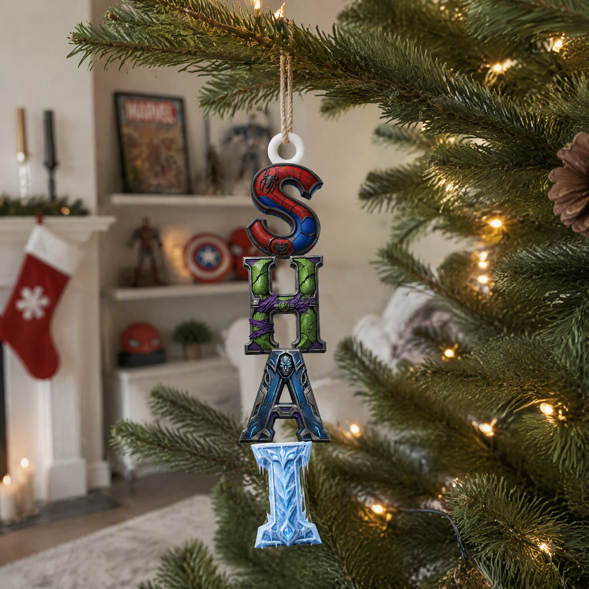 Custom Name Superhero Alphabet Christmas Ornament, Personalized Hero Letter Tree Decoration, Gift for Superhero Fans hn03092026